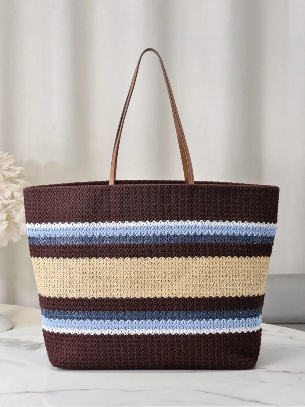 Miu Miu Brown, Cream & Blue Striped Woven Tote with Logo